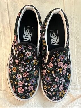 Vans Black Floral Slip-On Sneakers with Pink, Purple & Yellow Flowers